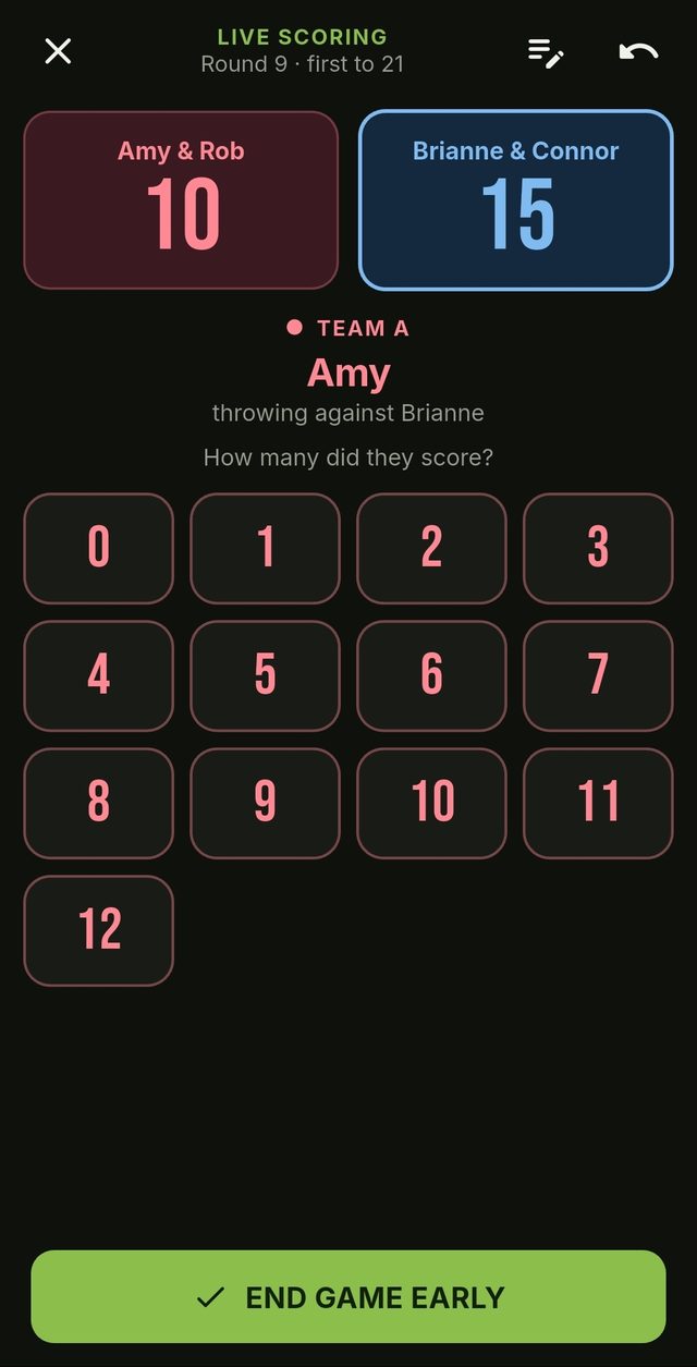 Live scoring: Amy and Rob 10, Brianne and Connor 15, round nine of a game to 21.